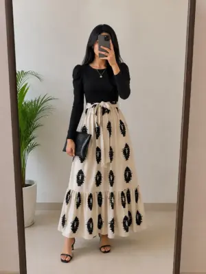 Black & Beige Printed Maxi Dress