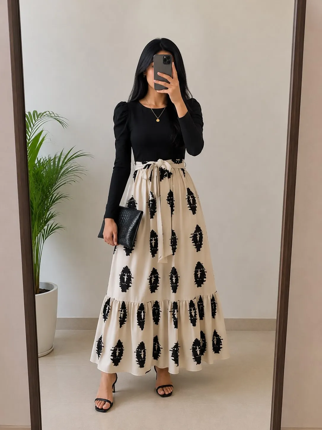 Black & Beige Printed Maxi Dress