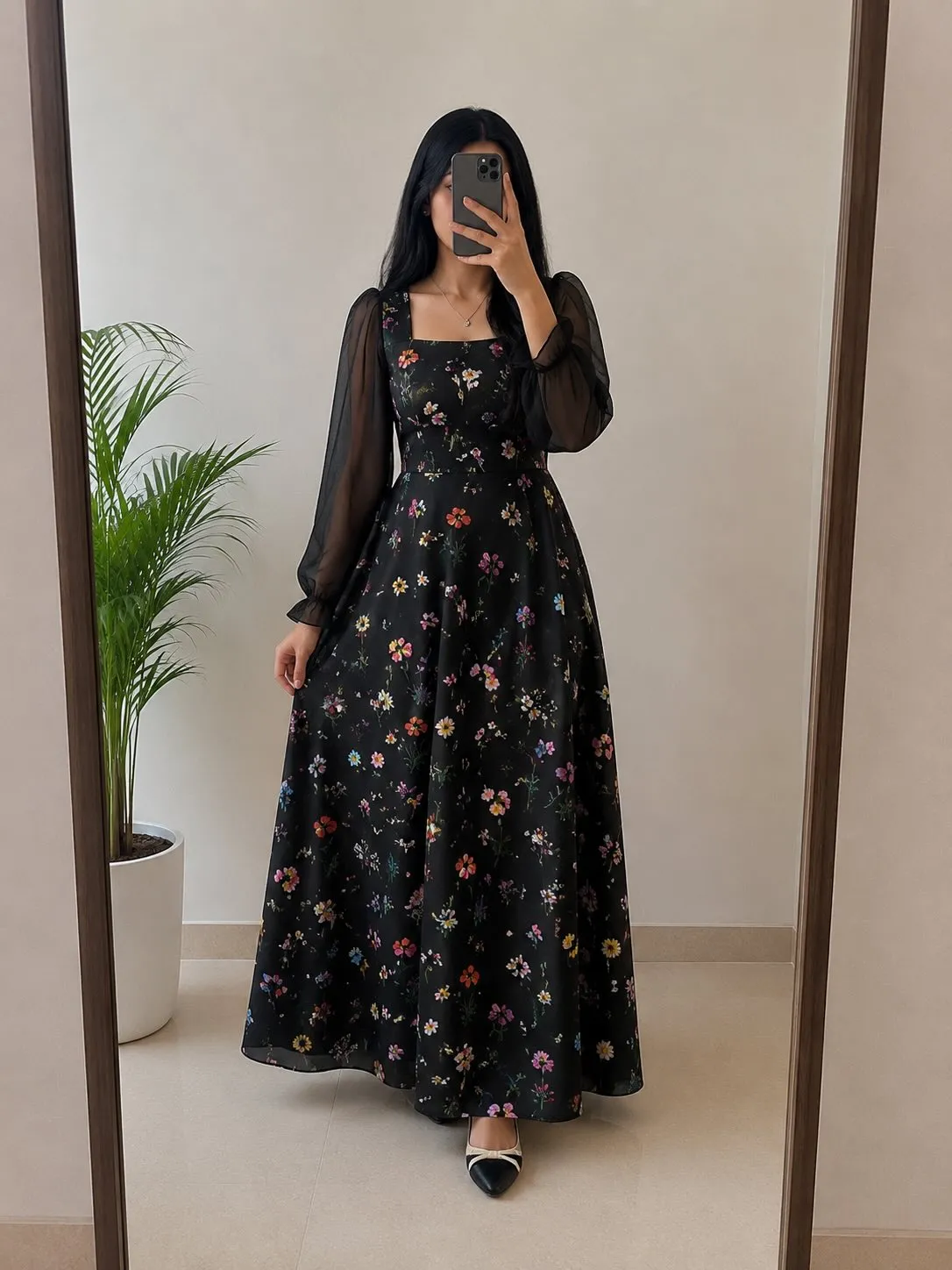 Black & Beige Printed Maxi Dress - Image 3
