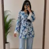 Blue Floral Printed Long Sleeve Tunic Top