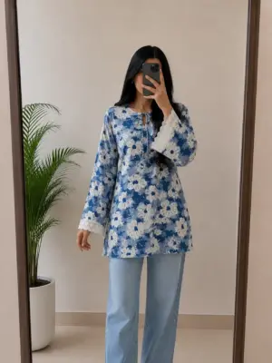 Blue Floral Printed Long Sleeve Tunic Top