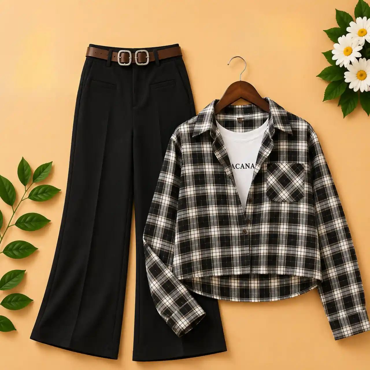 Women's Blue Checked Crop Shirt with Inner Top & Black Wide-Leg Trouser Co-Ord Set - Image 3