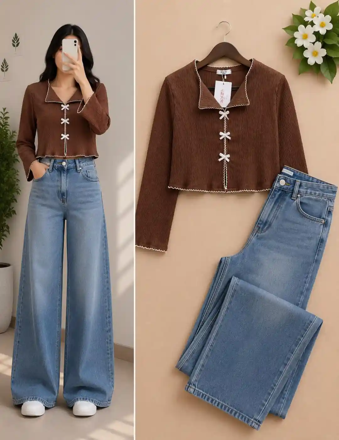 Women's Ribbed Tie-Front Top with Wide Leg Denim Jeans Combo Set - Image 3