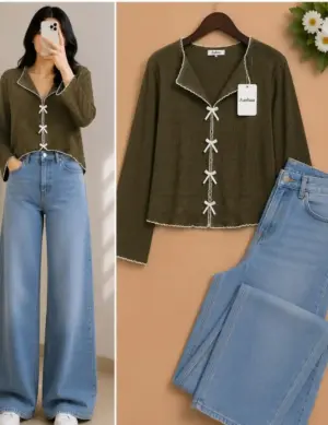 Women's Ribbed Tie-Front Top with Wide Leg Denim Jeans Combo Set