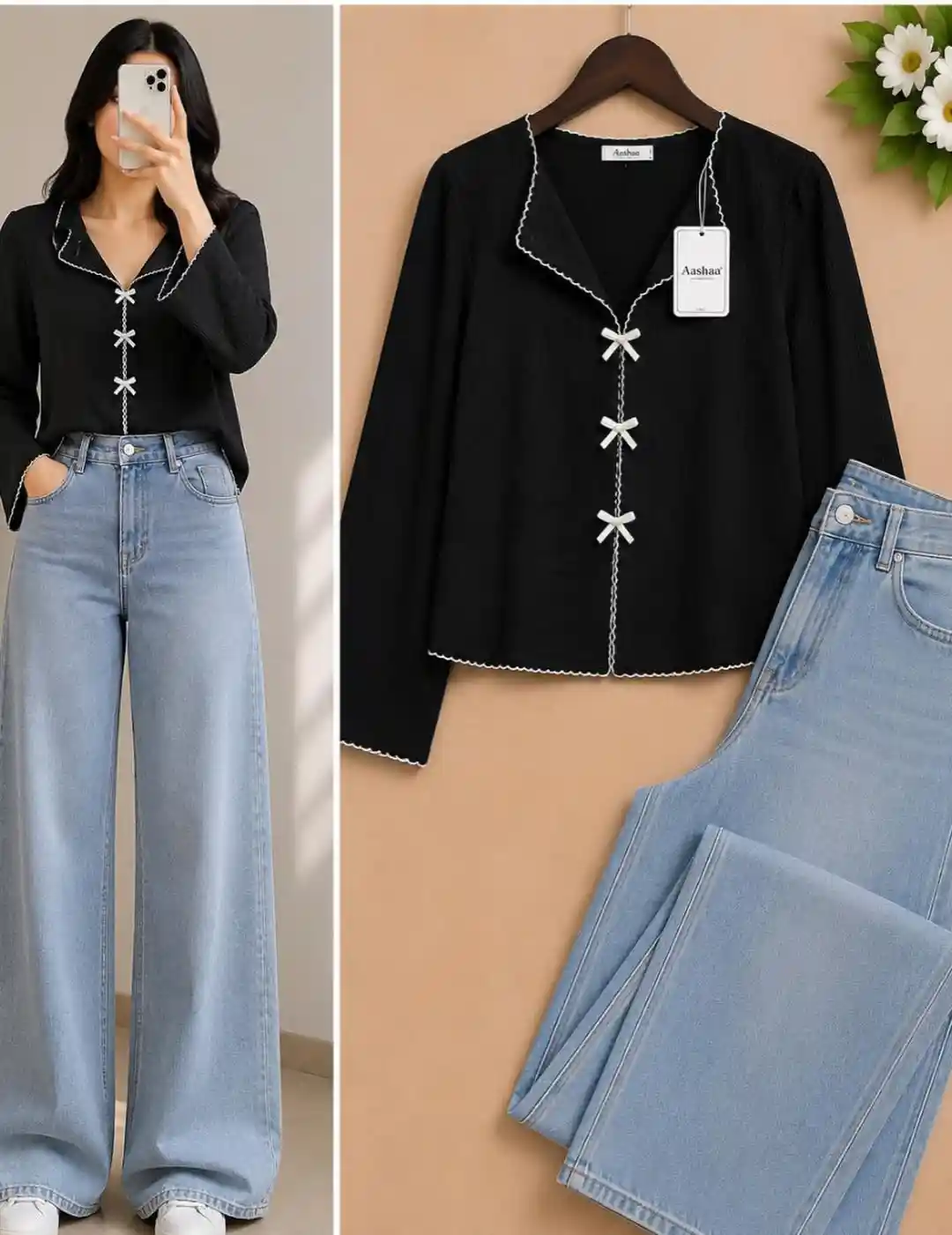 Women's Ribbed Tie-Front Top with Wide Leg Denim Jeans Combo Set - Image 2