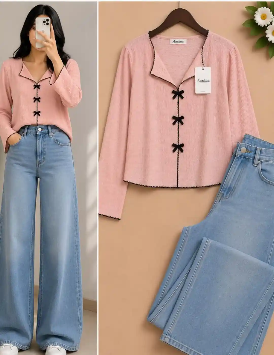 Women's Ribbed Tie-Front Top with Wide Leg Denim Jeans Combo Set - Image 4