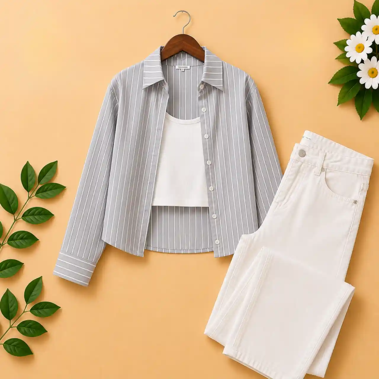 Women's Blue Striped Shirt with White Inner Top & White Jeans Combo Set - Image 4