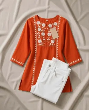 Women's Orange Embroidered Kurti with White Jeans Combo Set