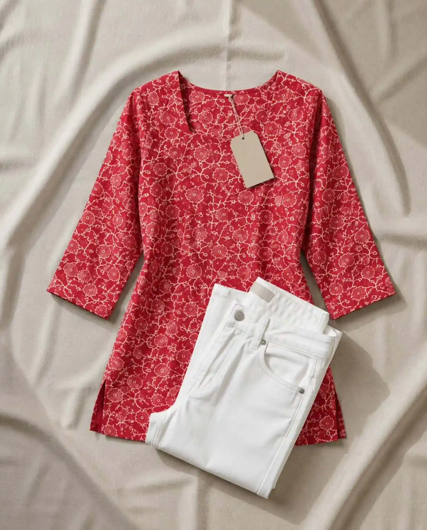 Women's Orange Embroidered Kurti with White Jeans Combo Set - Image 5