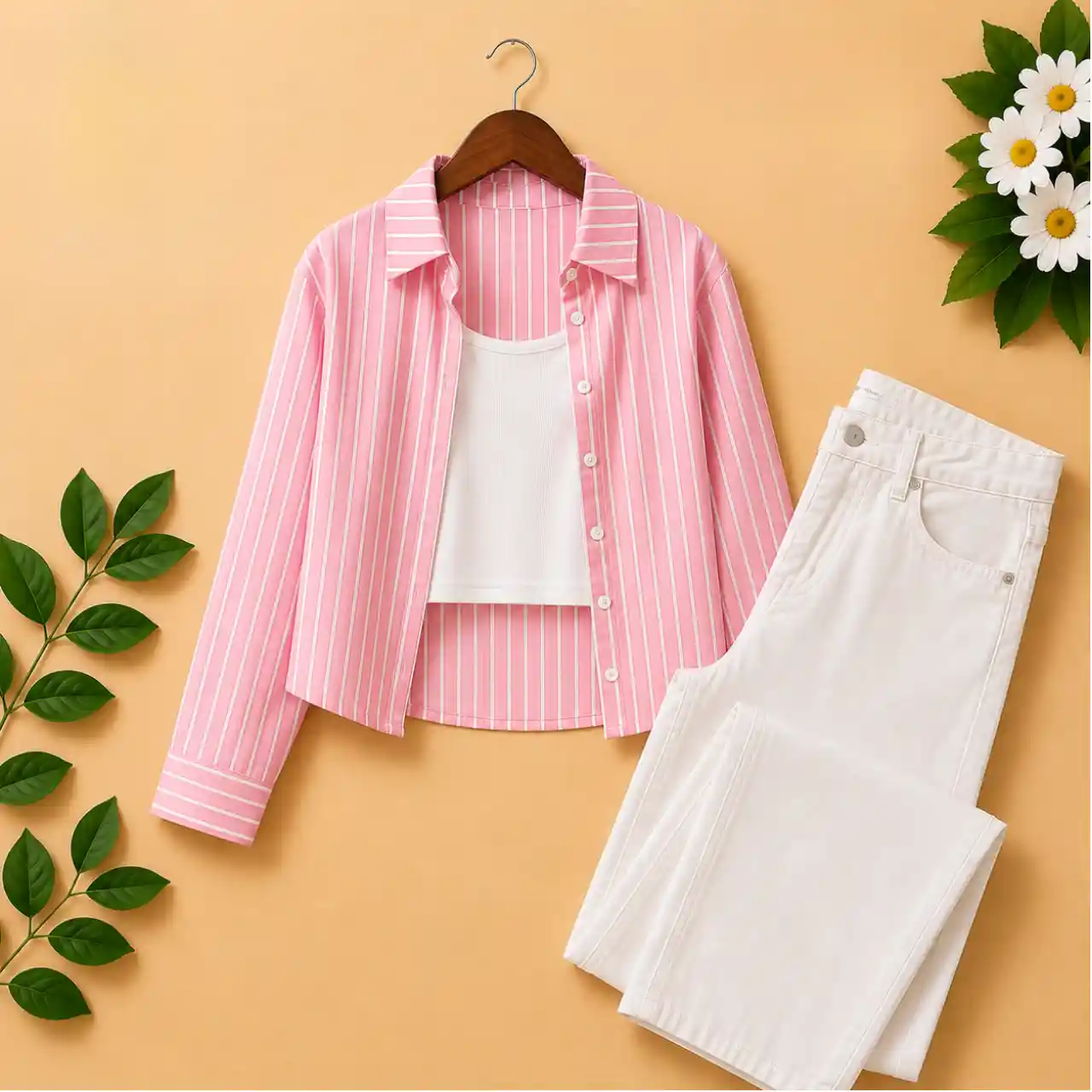Women's Blue Striped Shirt with White Inner Top & White Jeans Combo Set - Image 5