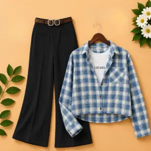 Women's Blue Checked Crop Shirt with Inner Top & Black Wide-Leg Trouser Co-Ord Set