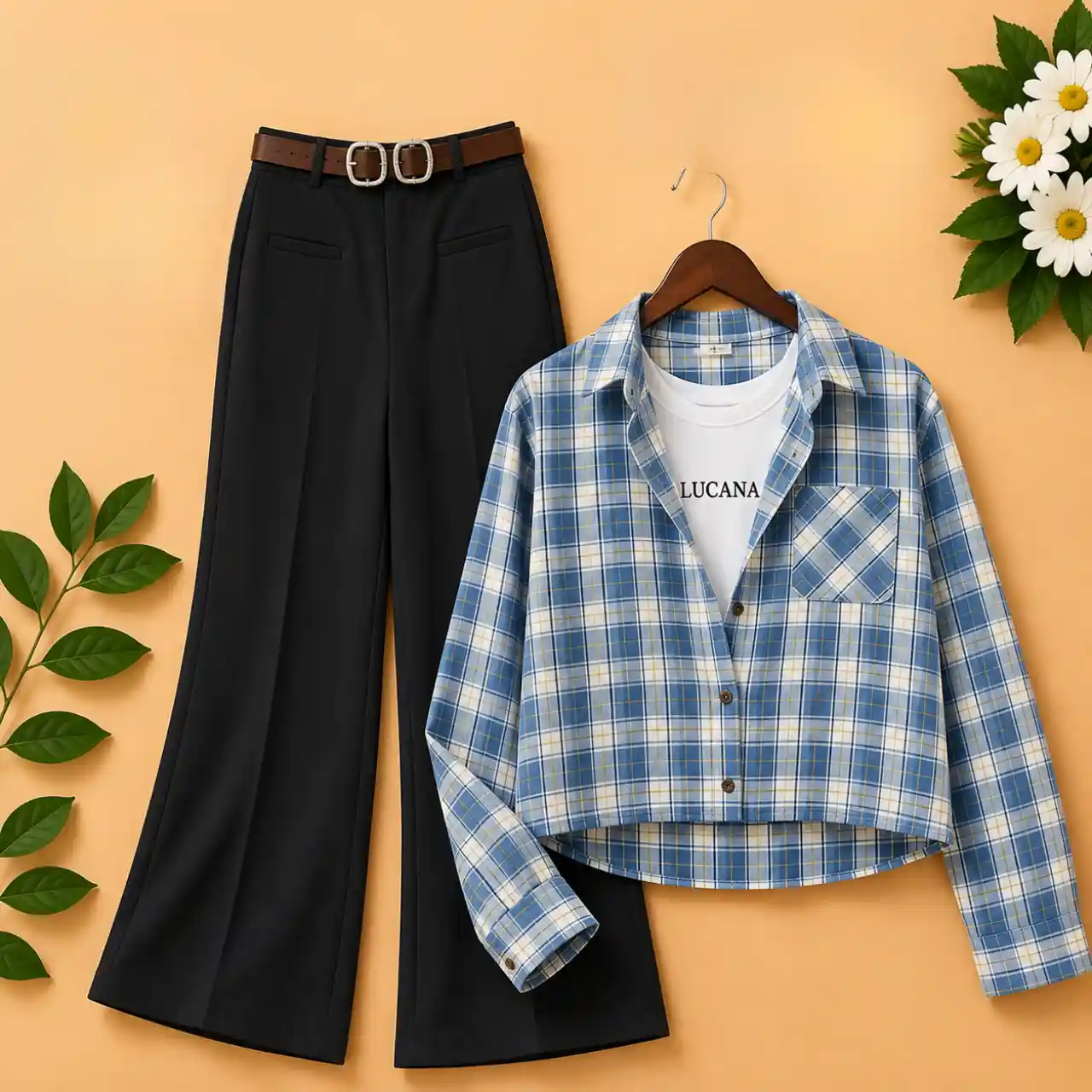 Women's Blue Checked Crop Shirt with Inner Top & Black Wide-Leg Trouser Co-Ord Set