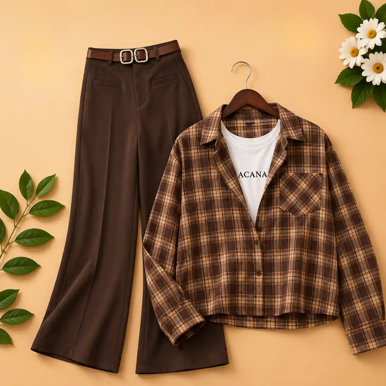 Women's Blue Checked Crop Shirt with Inner Top & Black Wide-Leg Trouser Co-Ord Set - Image 2