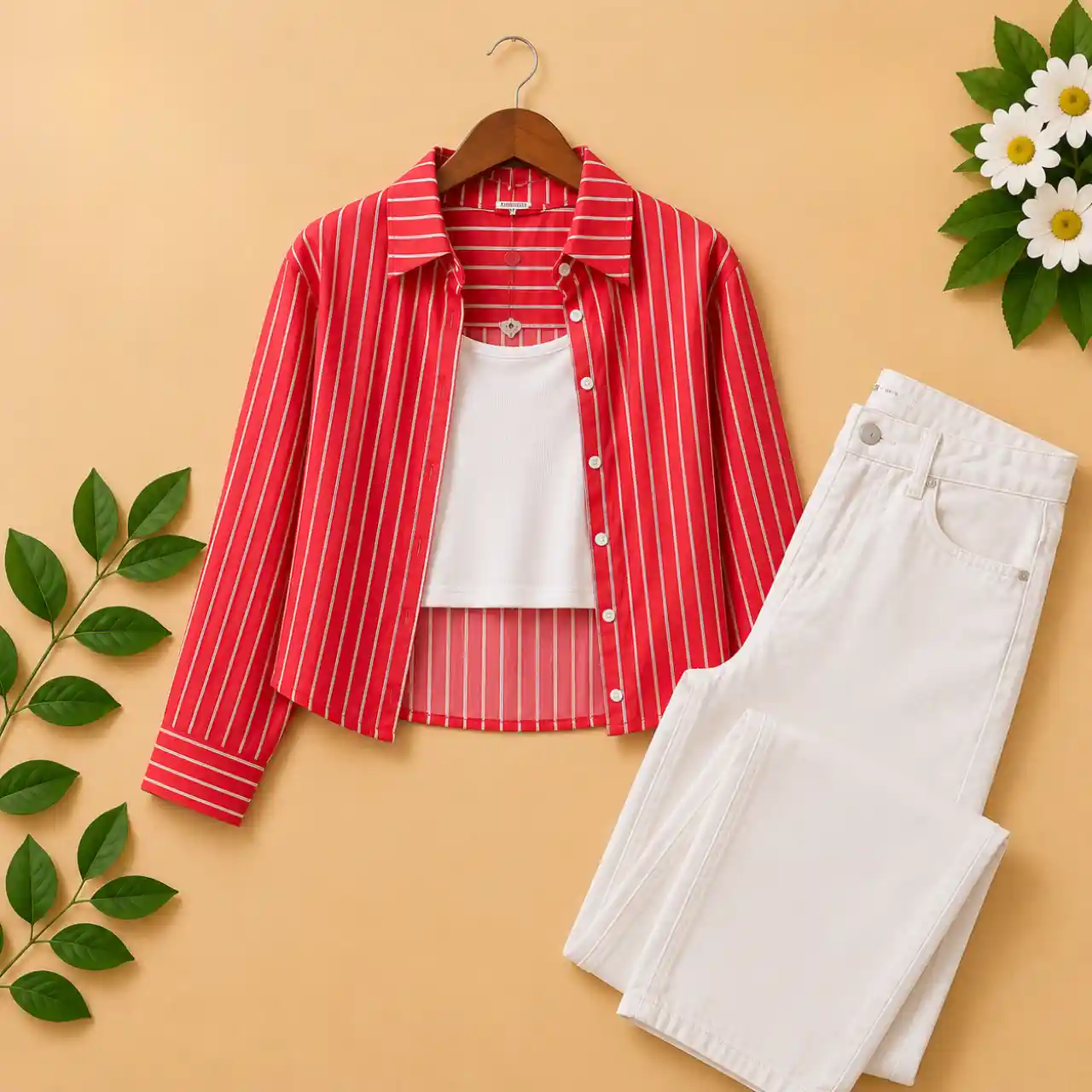 Women's Blue Striped Shirt with White Inner Top & White Jeans Combo Set - Image 2