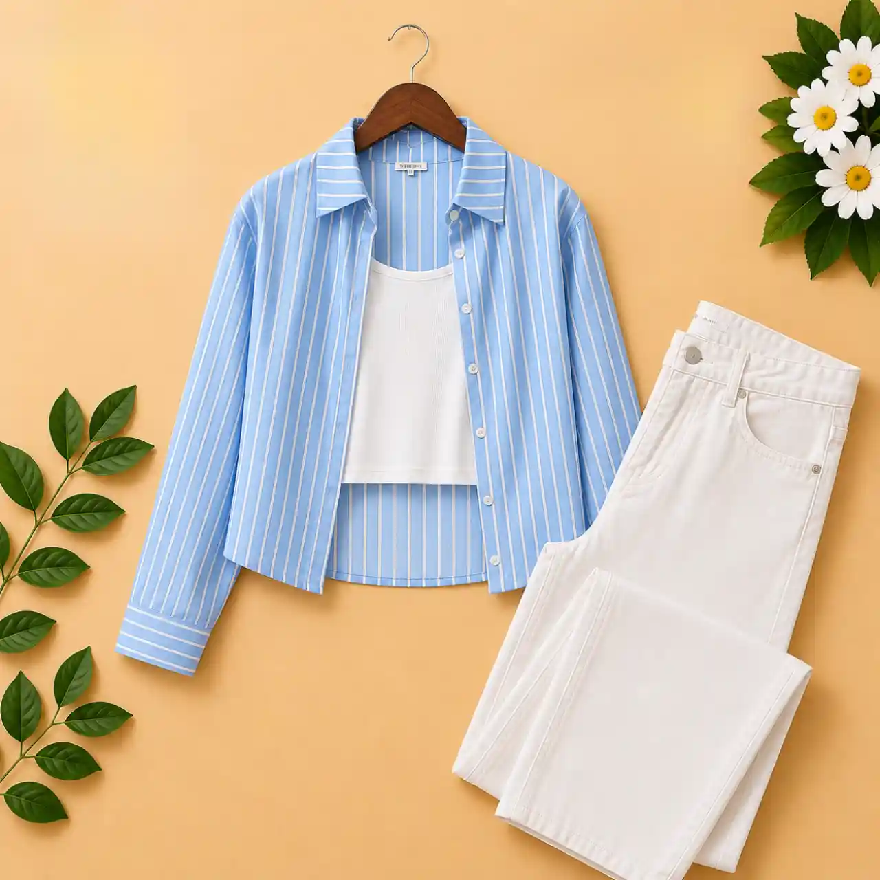 Women's Blue Striped Shirt with White Inner Top & White Jeans Combo Set