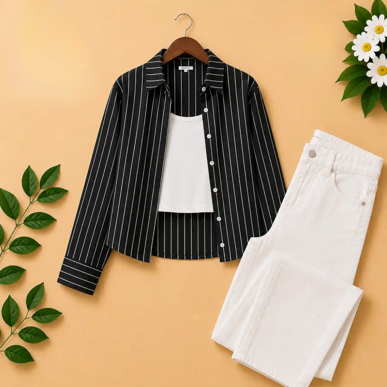 Women's Blue Striped Shirt with White Inner Top & White Jeans Combo Set - Image 3