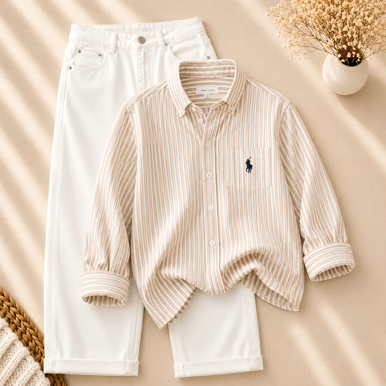 Refreshing Mint Green Striped Shirt and Crisp White Trousers Set - Image 4