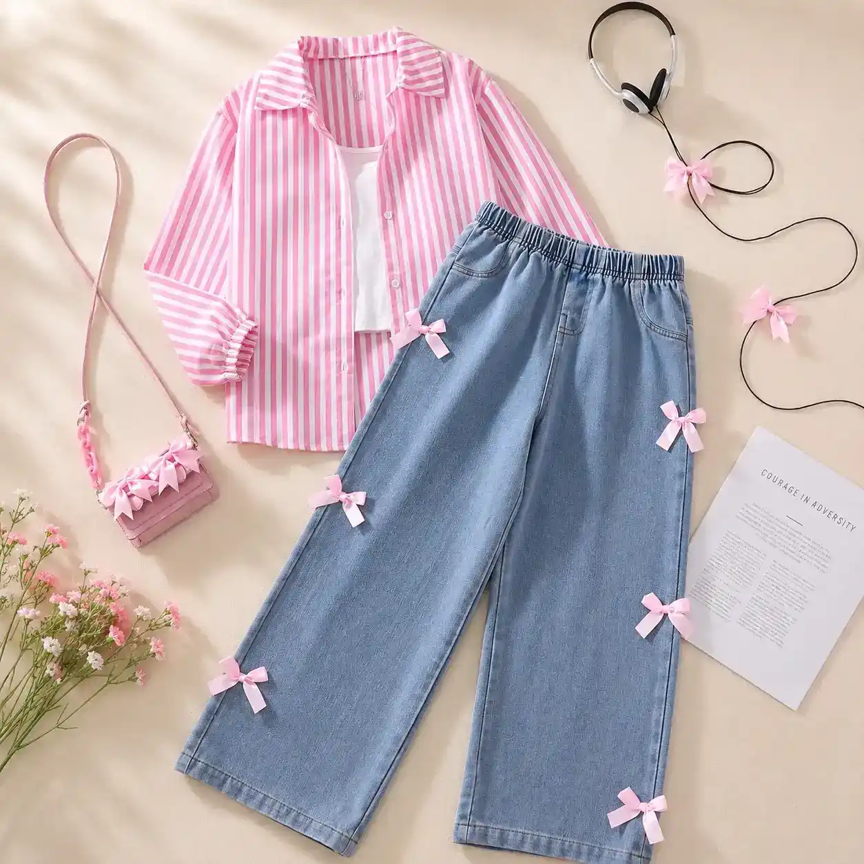 Trendy Sky Blue Striped Top and Bow-Embellished Wide-Leg Jeans Outfit - Image 4