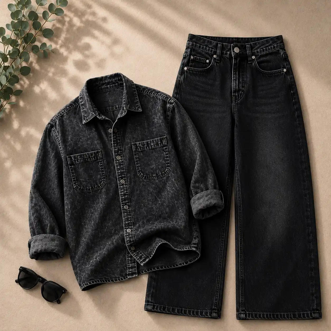 Edgy Charcoal Textured Denim Overshirt and Wide-Leg Pants Set