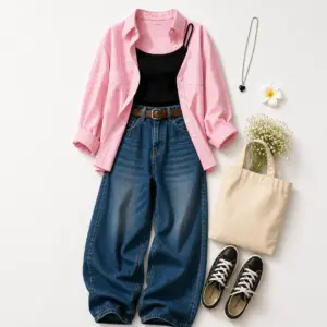 Chic Pink Striped Overshirt, Black Camisole, and Wide-Leg Jeans 3-Piece Set