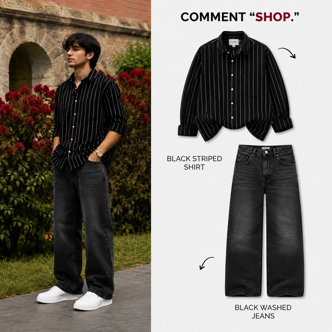 Casual Beige Striped Button-Down and Black Washed Wide-Leg Jeans Combo - Image 4