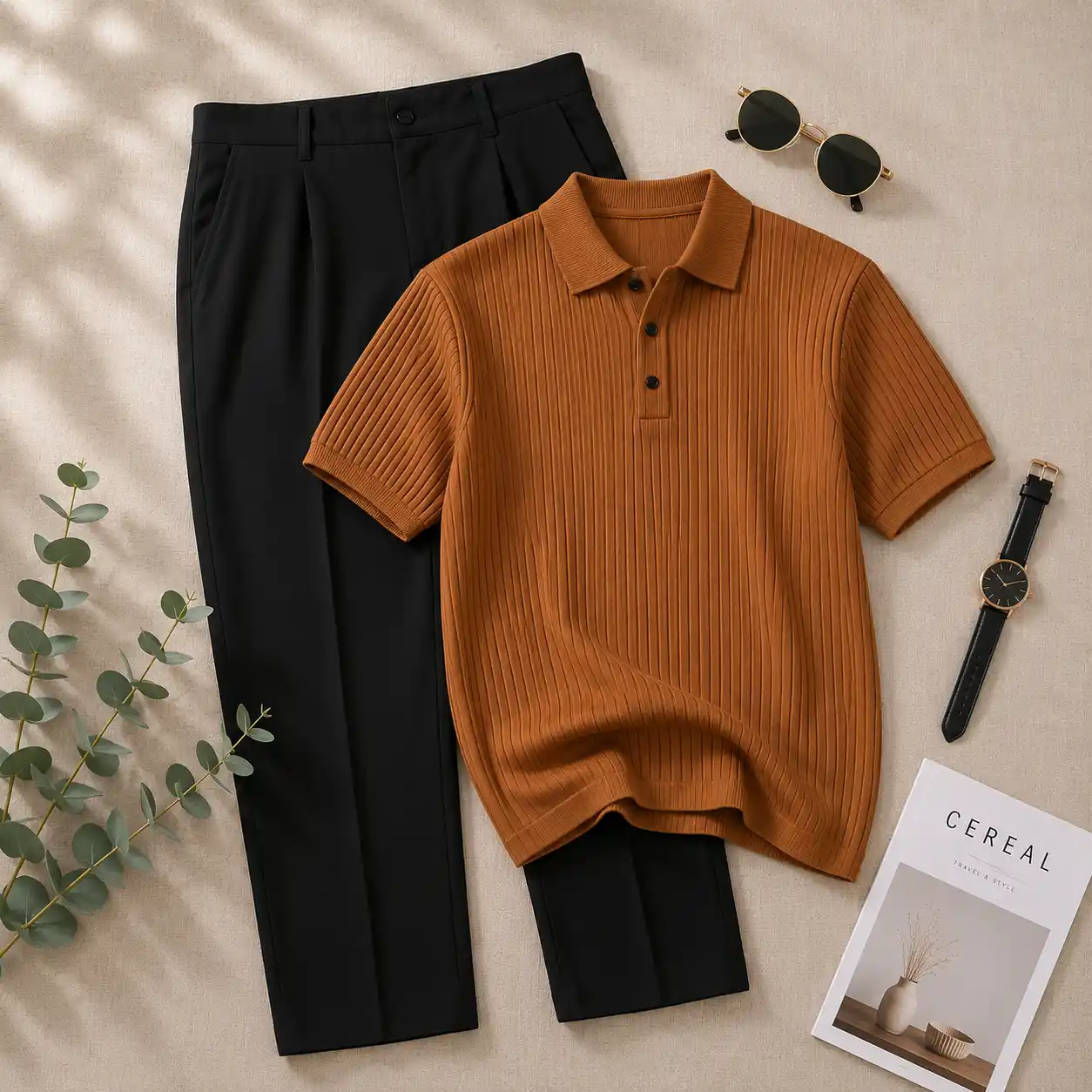 Premium Beige Textured Zip-Polo and Tailored White Trousers Set - Image 3