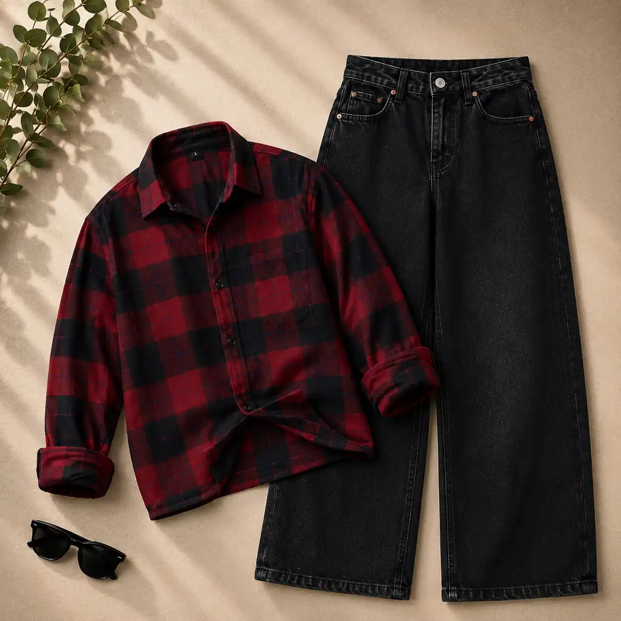 Edgy Charcoal Textured Denim Overshirt and Wide-Leg Pants Set - Image 4