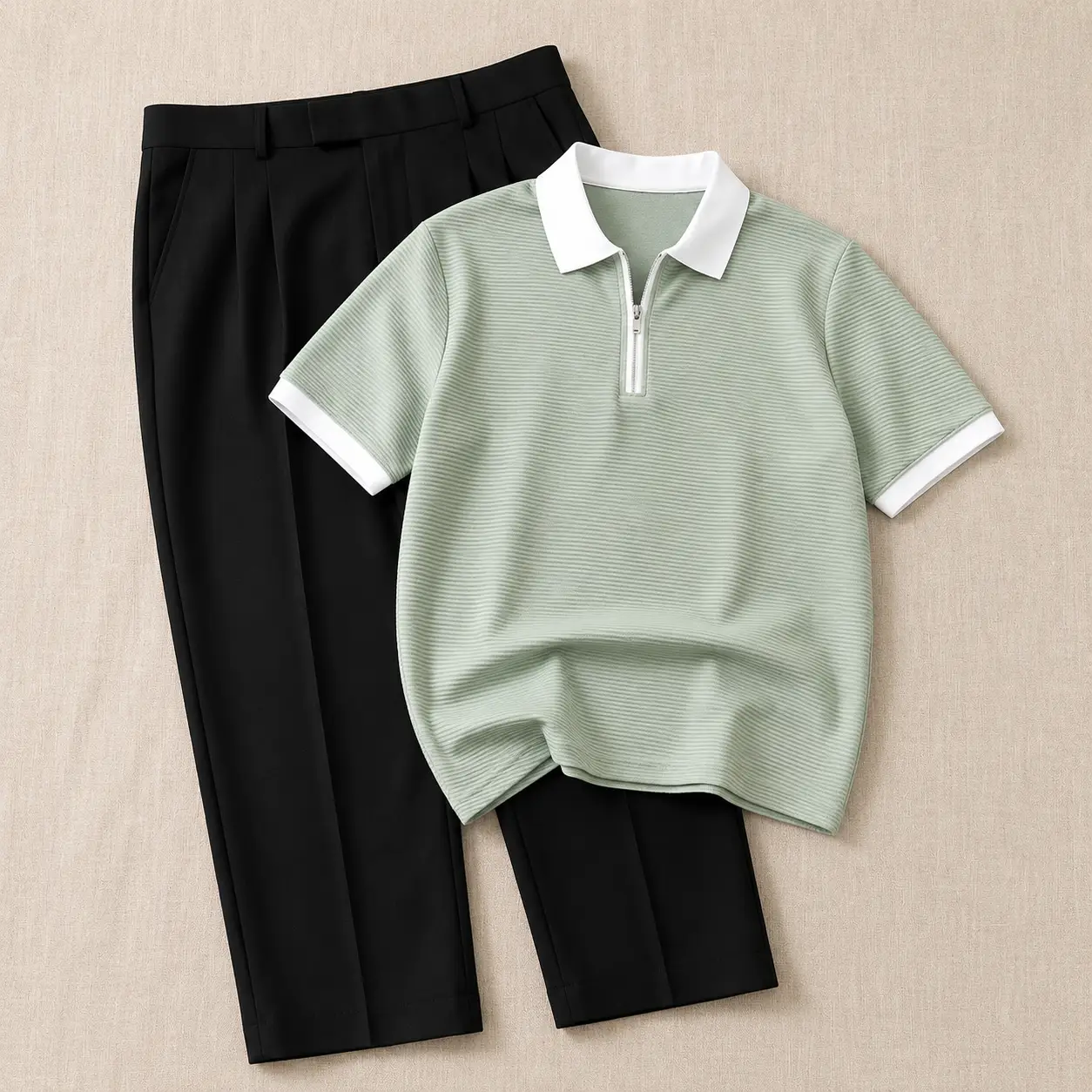 Elegant Olive Green Knit Polo and Tailored White Pleated Trousers Set - Image 3