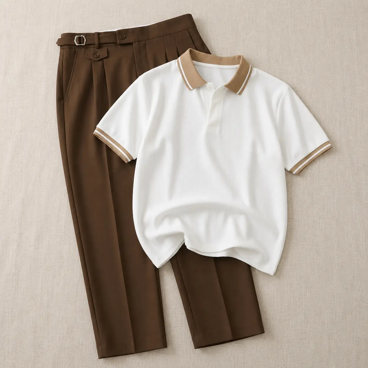 Elegant Olive Green Knit Polo and Tailored White Pleated Trousers Set - Image 2