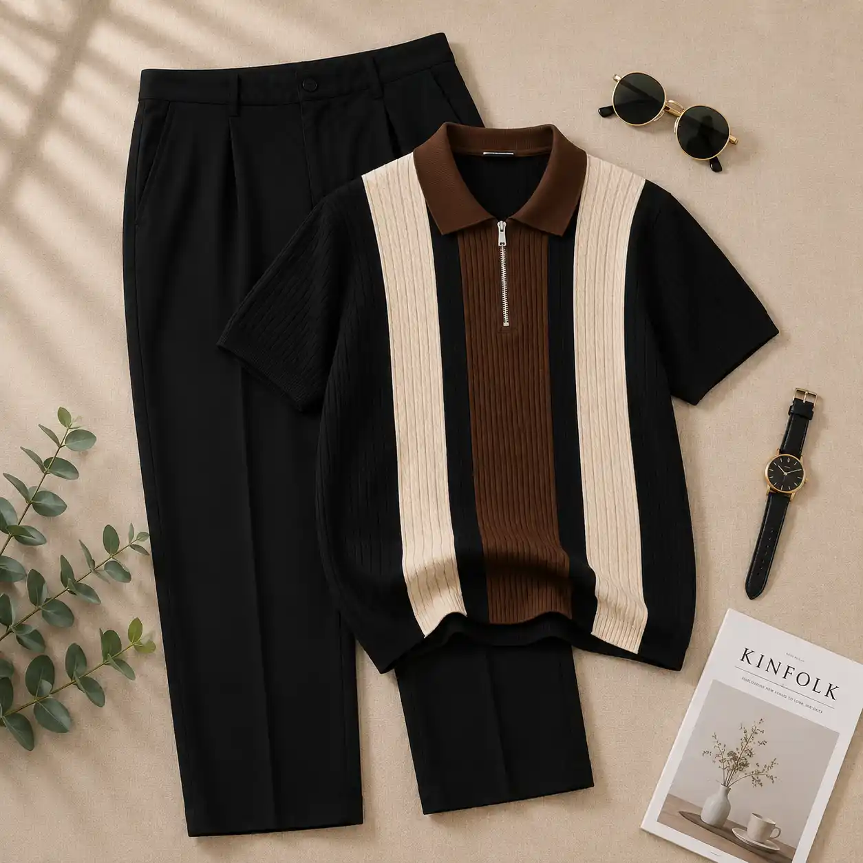 Premium Beige Textured Zip-Polo and Tailored White Trousers Set - Image 4