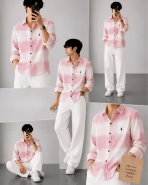 Men Pink Checked Casual Shirt with White Relaxed Trousers Outfit