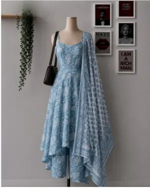 Sky Blue Printed Kurta Palazzo Set with Dupatta