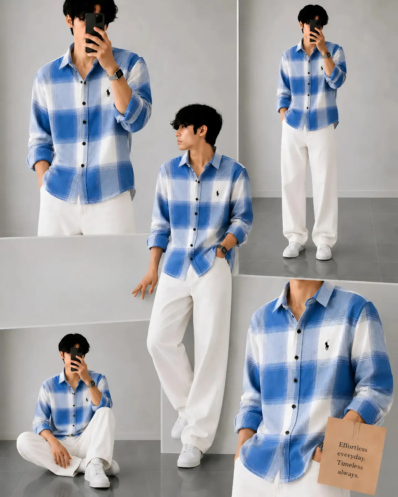 Men Pink Checked Casual Shirt with White Relaxed Trousers Outfit - Image 4