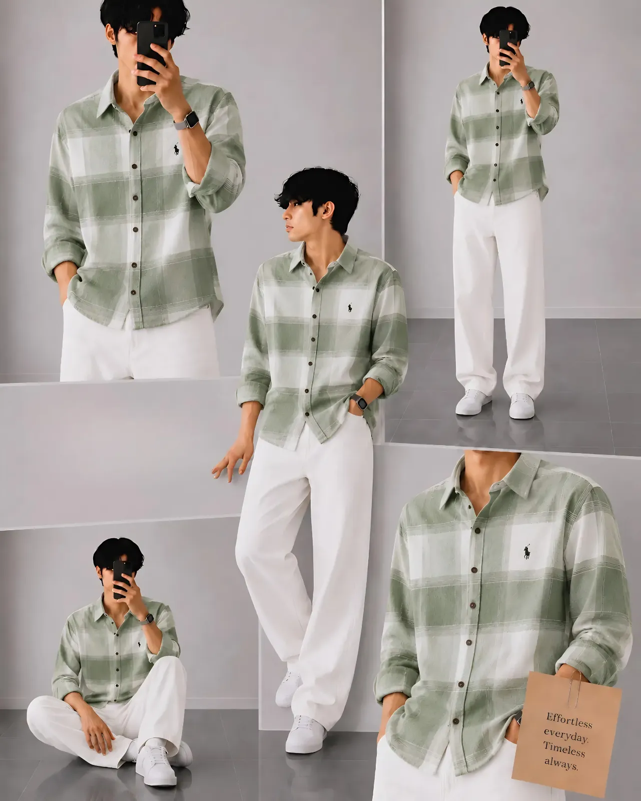 Men Pink Checked Casual Shirt with White Relaxed Trousers Outfit - Image 3