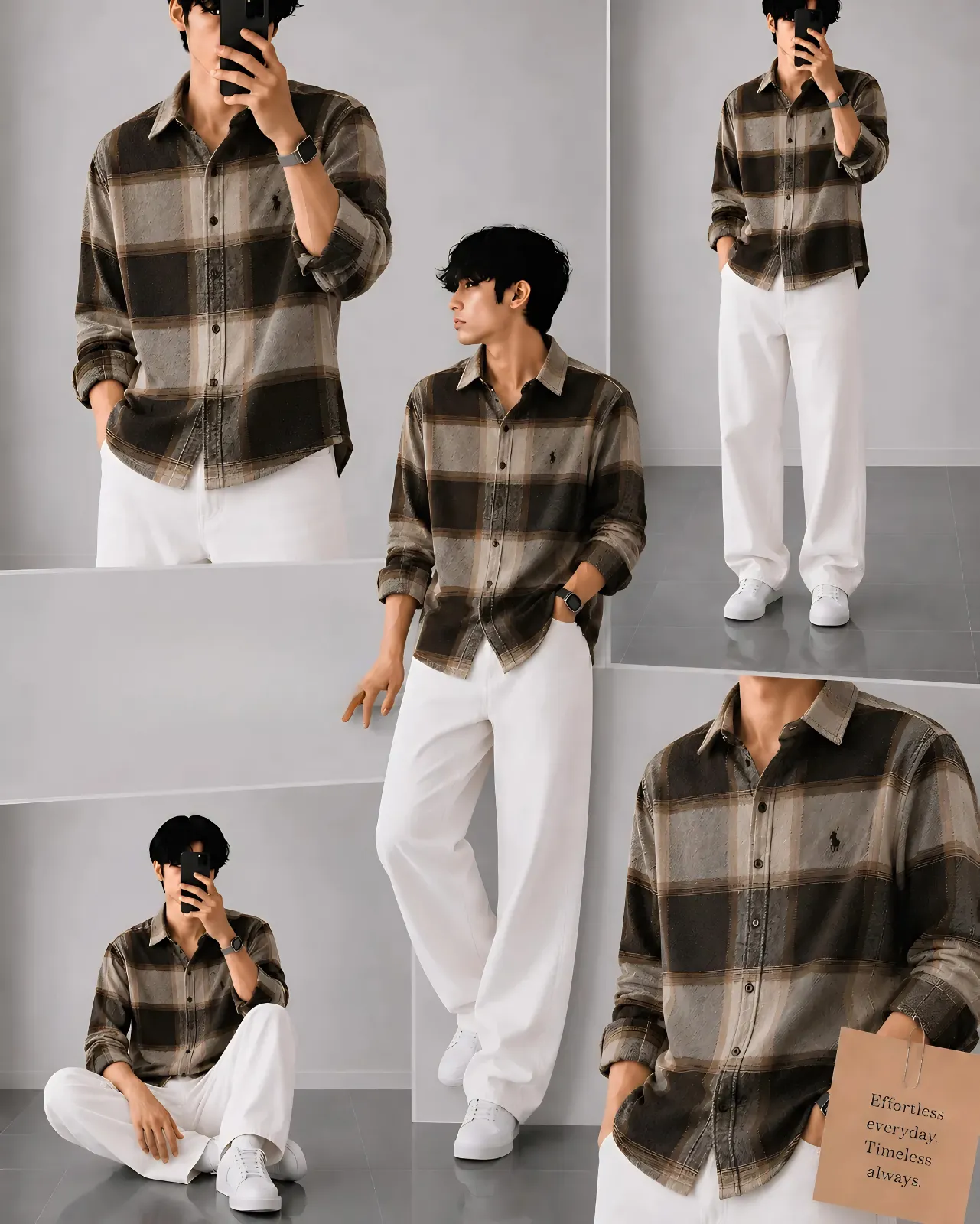 Men Pink Checked Casual Shirt with White Relaxed Trousers Outfit - Image 5
