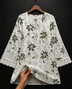 Women's Floral Printed Lace Sleeve Tunic Top