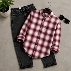 Men's Maroon Checked Casual Full Sleeve Shirt