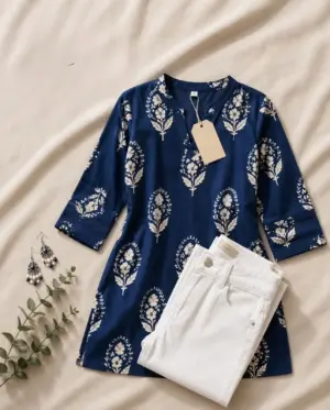 Women's Navy Blue Printed Kurti with White Jeans Combo Set