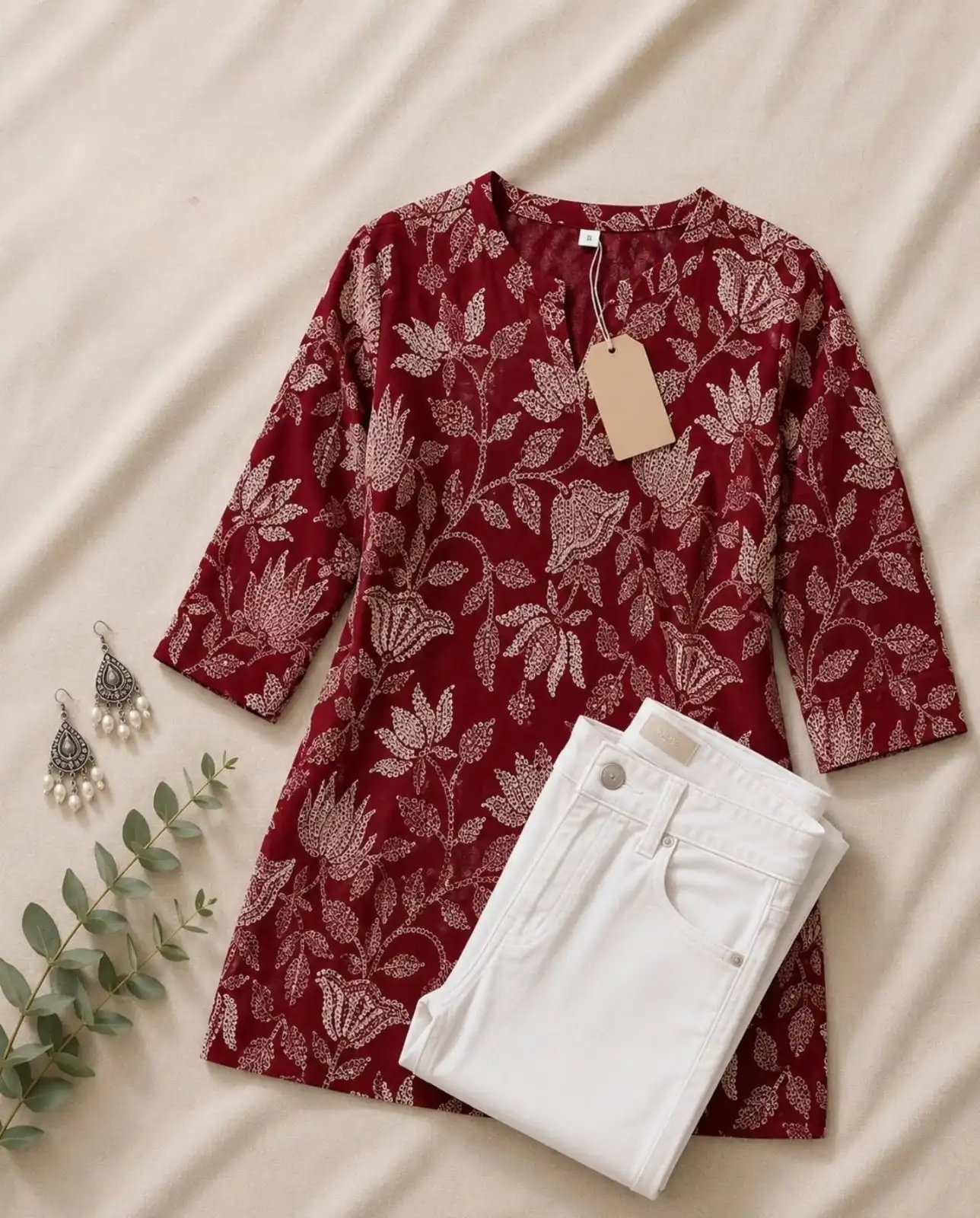 Women's Navy Blue Printed Kurti with White Jeans Combo Set - Image 3