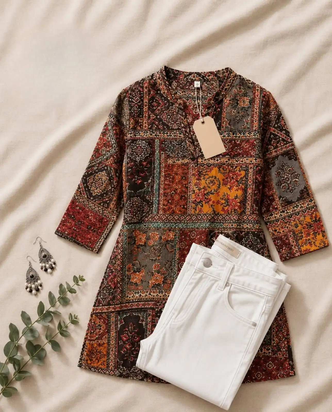 Women's Navy Blue Printed Kurti with White Jeans Combo Set - Image 2