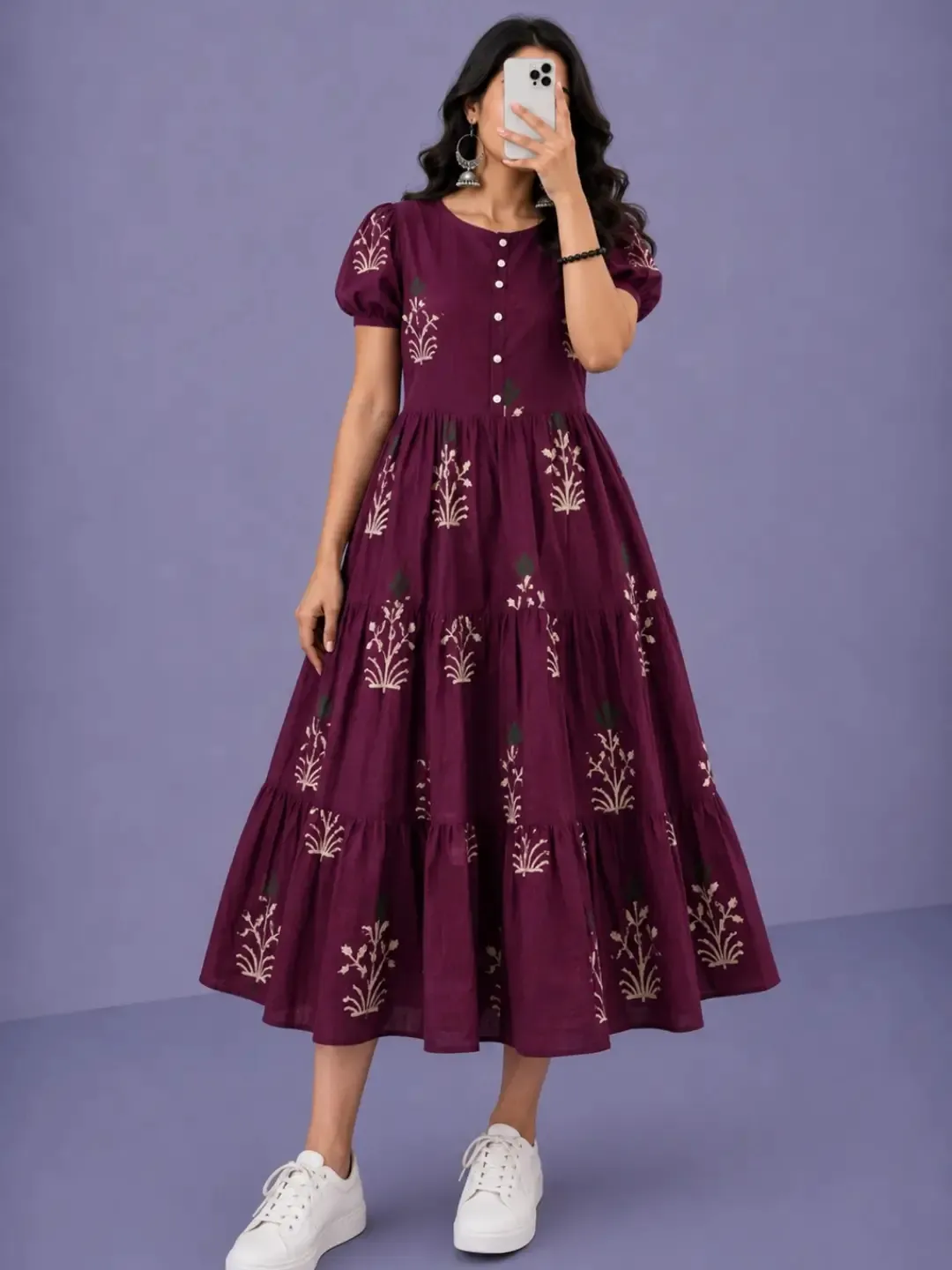 Enchanting Plum Floral Tiered Midi Dress