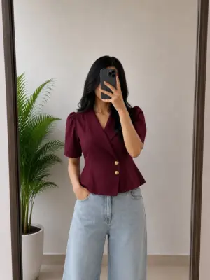 Tailored Burgundy Blazer Top & Light Wash Denim Ensemble