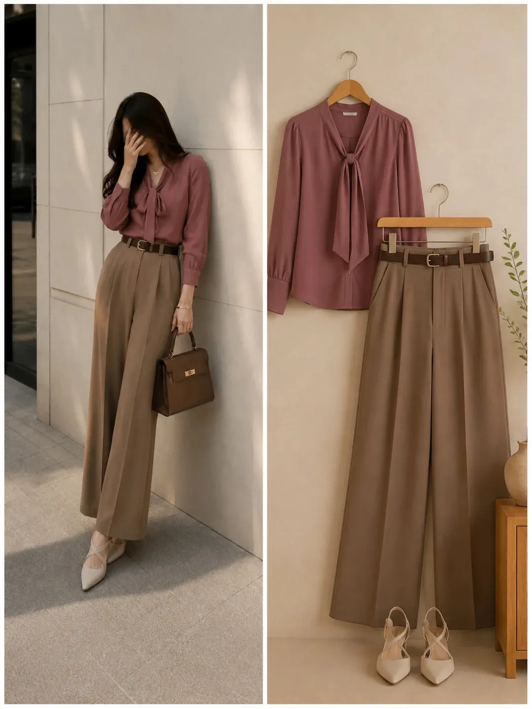 Chic Minimalist White Crop Top & Brown Wide-Leg Trousers Set - Image 3