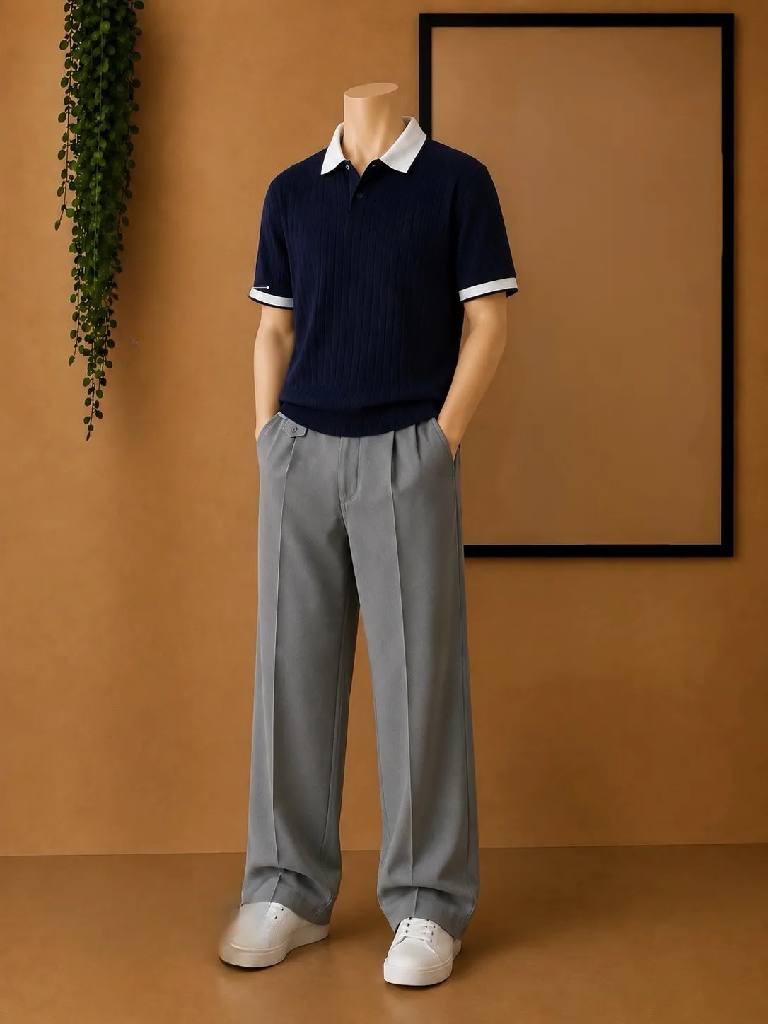 Smart Casual Maroon Ribbed Polo & Beige Trousers Combo - Image 2