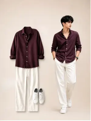 Sophisticated Wine Wine Shirt & Off-White Trousers Combo