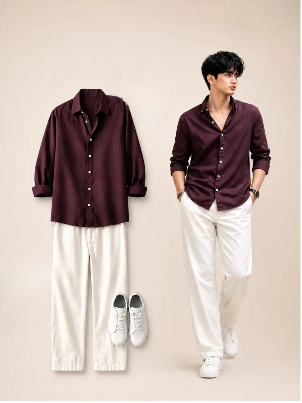 Sophisticated Wine Wine Shirt & Off-White Trousers Combo