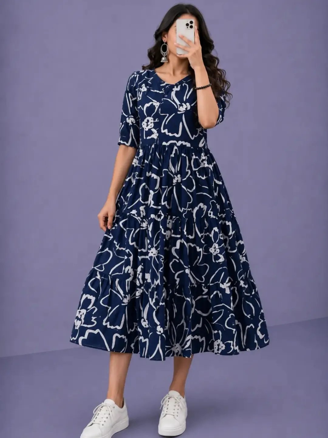 Enchanting Plum Floral Tiered Midi Dress - Image 4