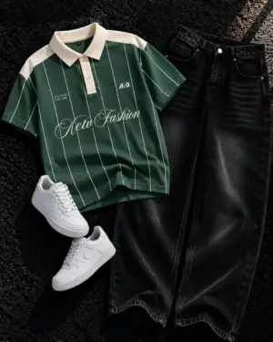 Vintage Streetwear Graphic Pinstripe Polo & Black Denim