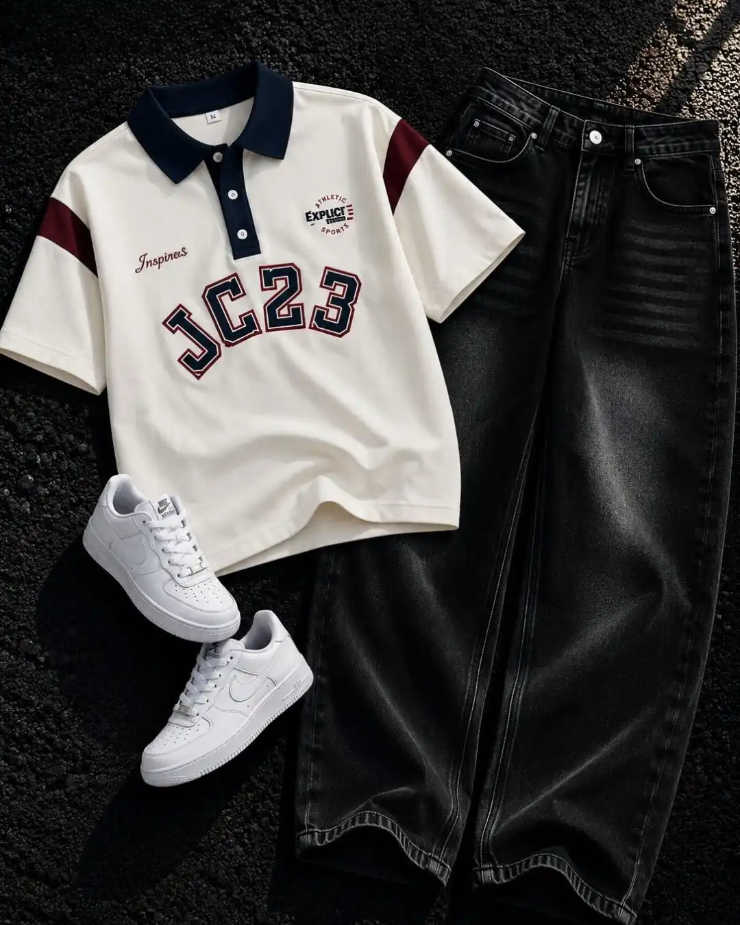 Vintage Streetwear Graphic Pinstripe Polo & Black Denim - Image 2