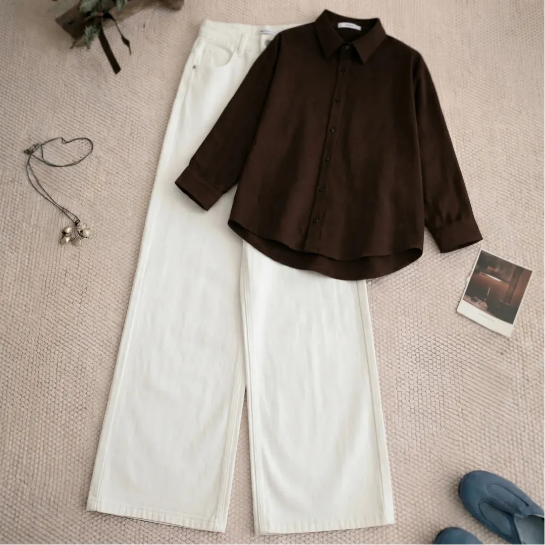 Minimalist Pastel Pink Shirt & Wide-Leg Denim Set - Image 3